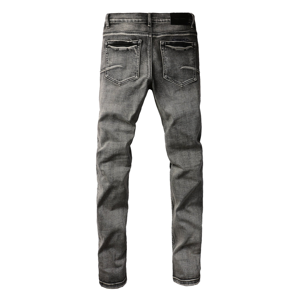 Men Classic Streetwear Jeans Distressed Black Grey Ripped skinny 9068