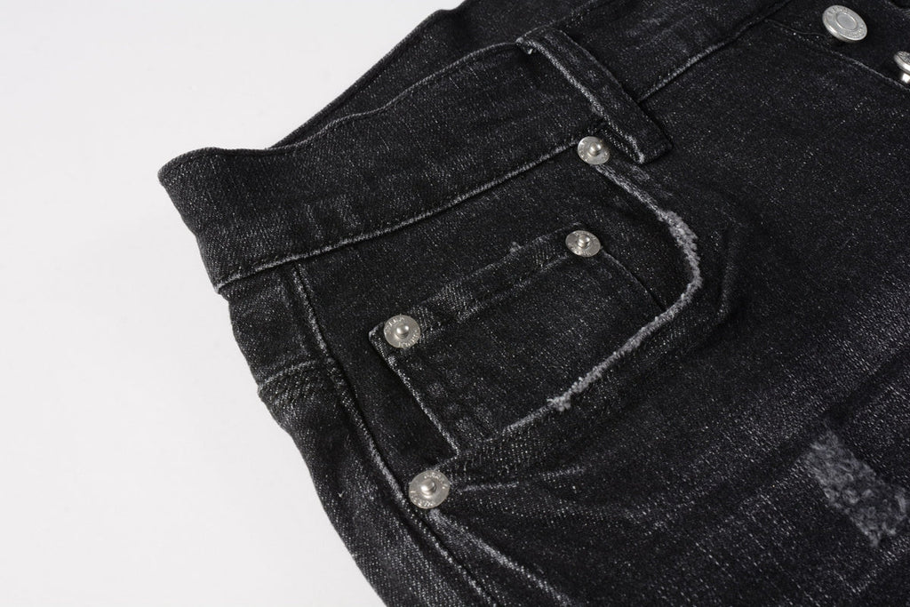 Men Streetwear Denim Shorts Black Wash with Distressed Rips and Raw Hem 5083