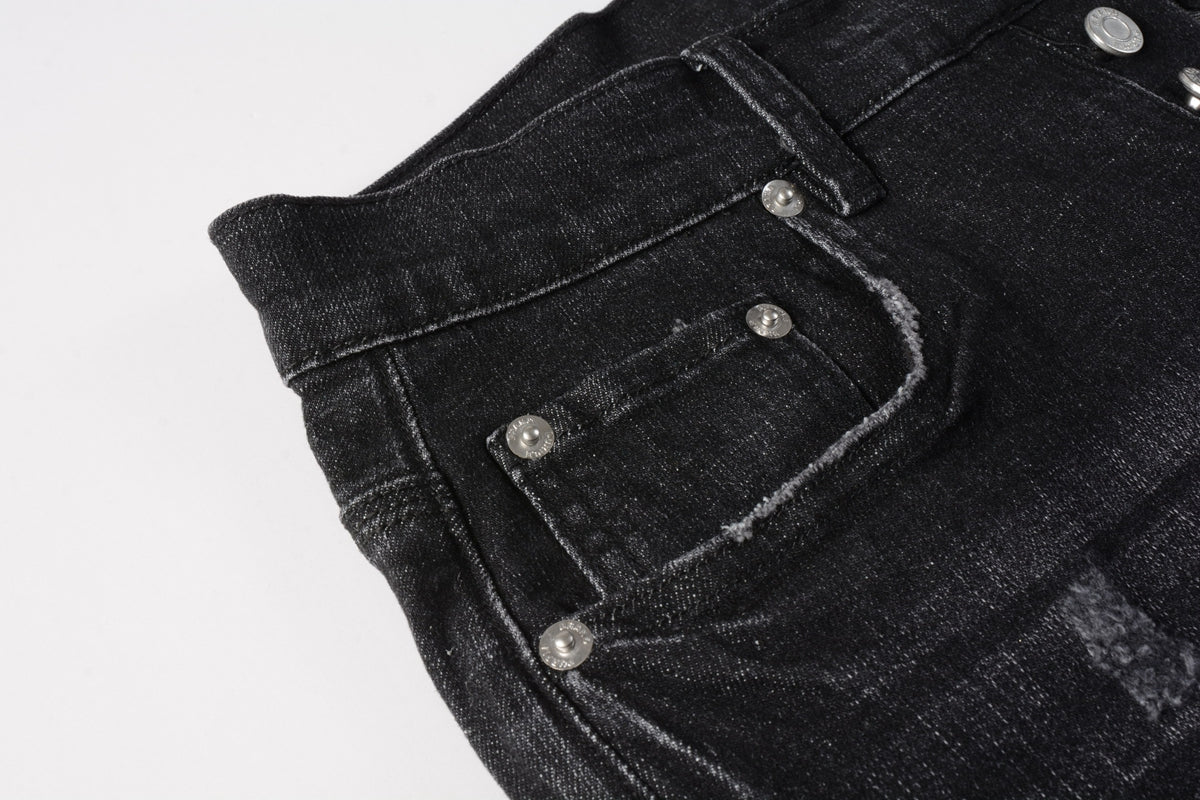 Men Streetwear Denim Shorts Black Wash with Distressed Rips and Raw Hem 5083