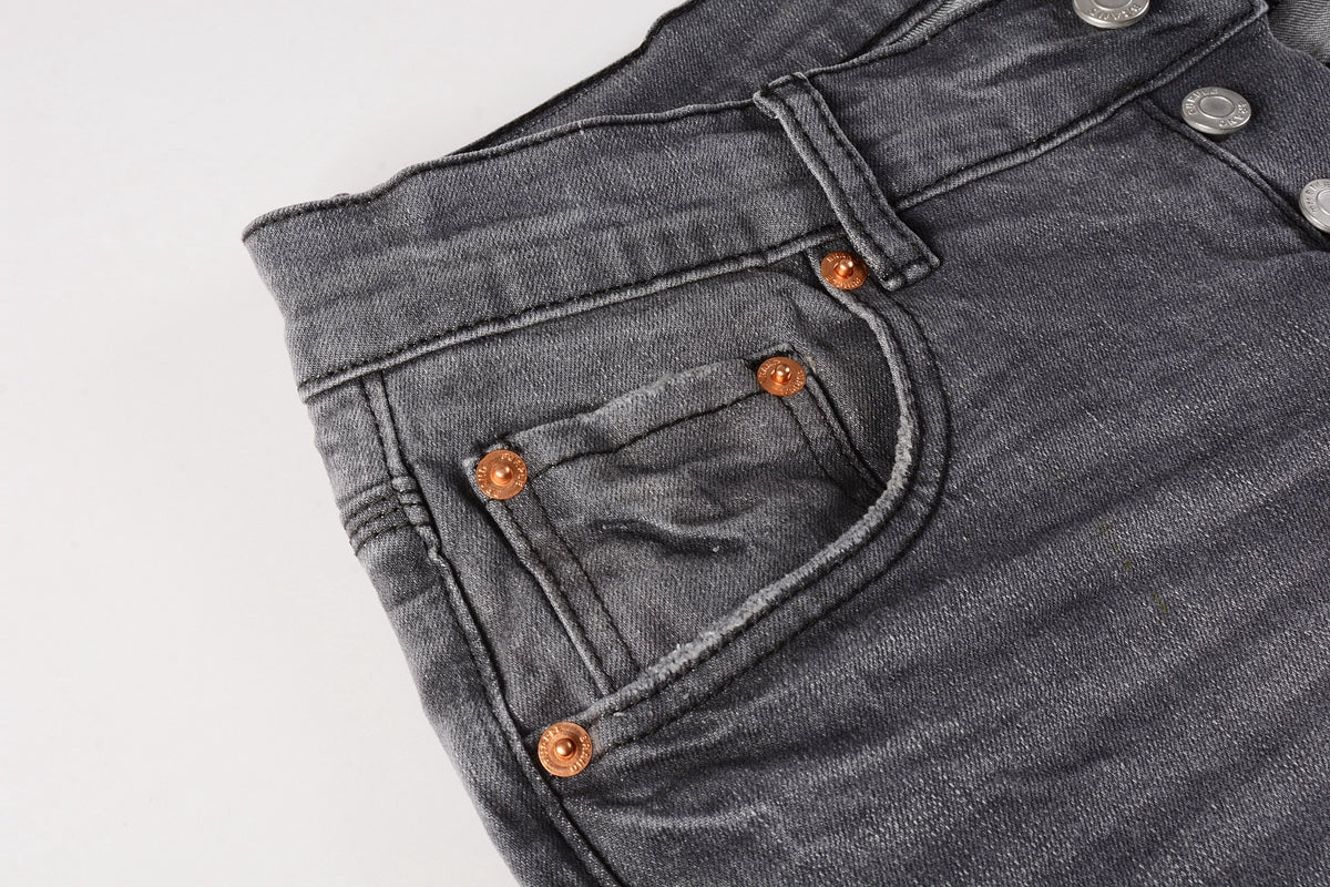 Men Streetwear Skinny Jeans Dark Gray Wash with Knee Rips and White Paint Splatter 9039