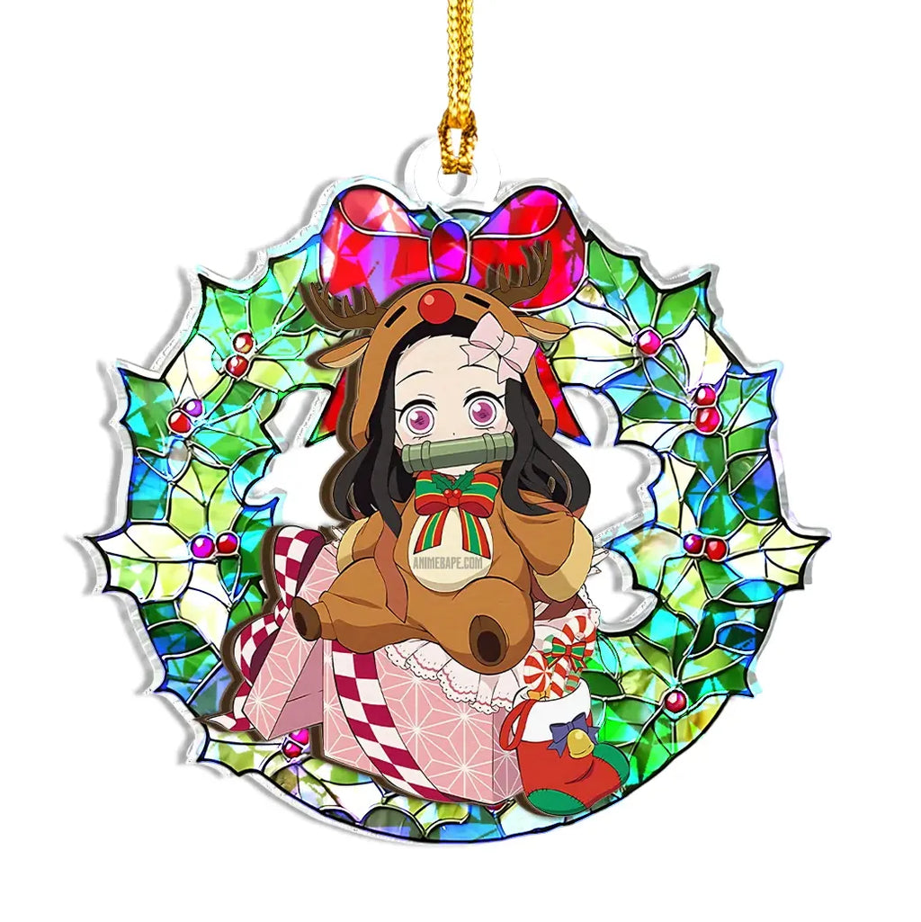 Nezuko Kamado Demon Slayer Wood Shattered Glass Hologram Ornament - 8 in