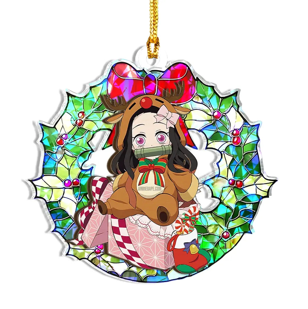 Nezuko Kamado Demon Slayer Wood Shattered Glass Hologram Ornament - 8 in