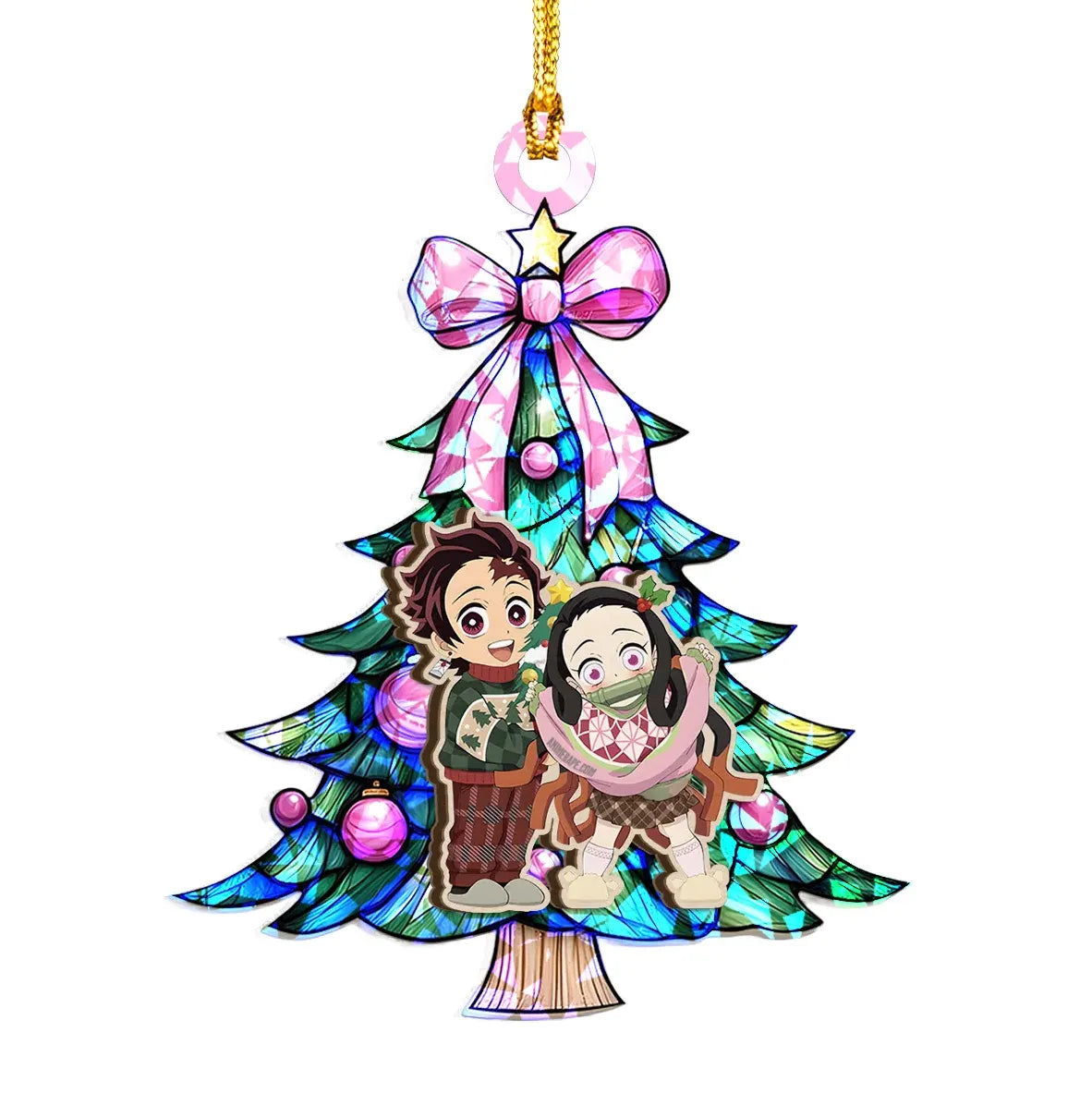 Tanjiro Kamado And Nezuko Kamado Demon Slayer Wood Shattered Glass Hologram Ornament - 8 in