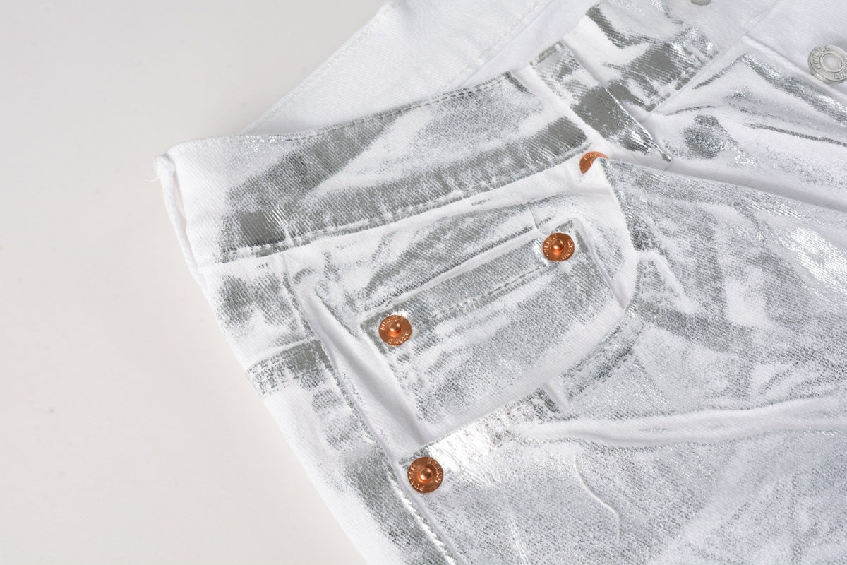 Men Streetwear Jeans Metallic Silver Coated Finish with Futuristic Shine Skinny Fit Statement 9110
