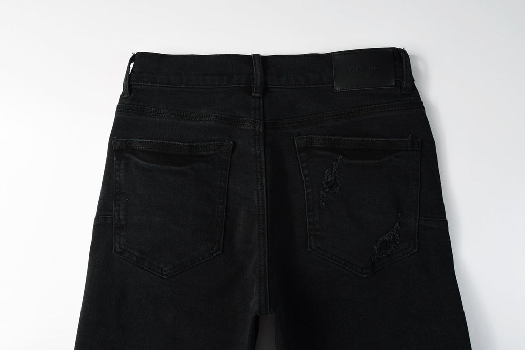 Men Streetwear Black Denim Shorts with Distressed Ripped Details and Raw Hem 5108