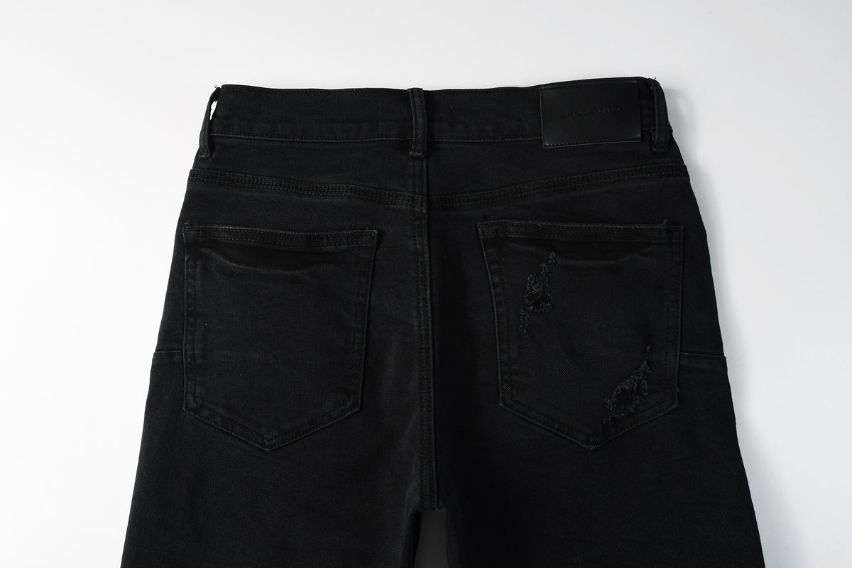 Men Streetwear Black Denim Shorts with Distressed Ripped Details and Raw Hem 5108