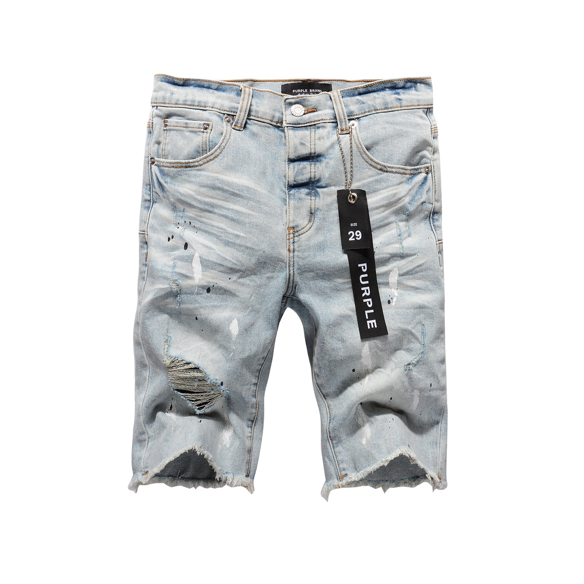 Men Streetwear Denim Shorts Light Blue Wash with White Paint Splatters and Distressed Raw Hem 5006