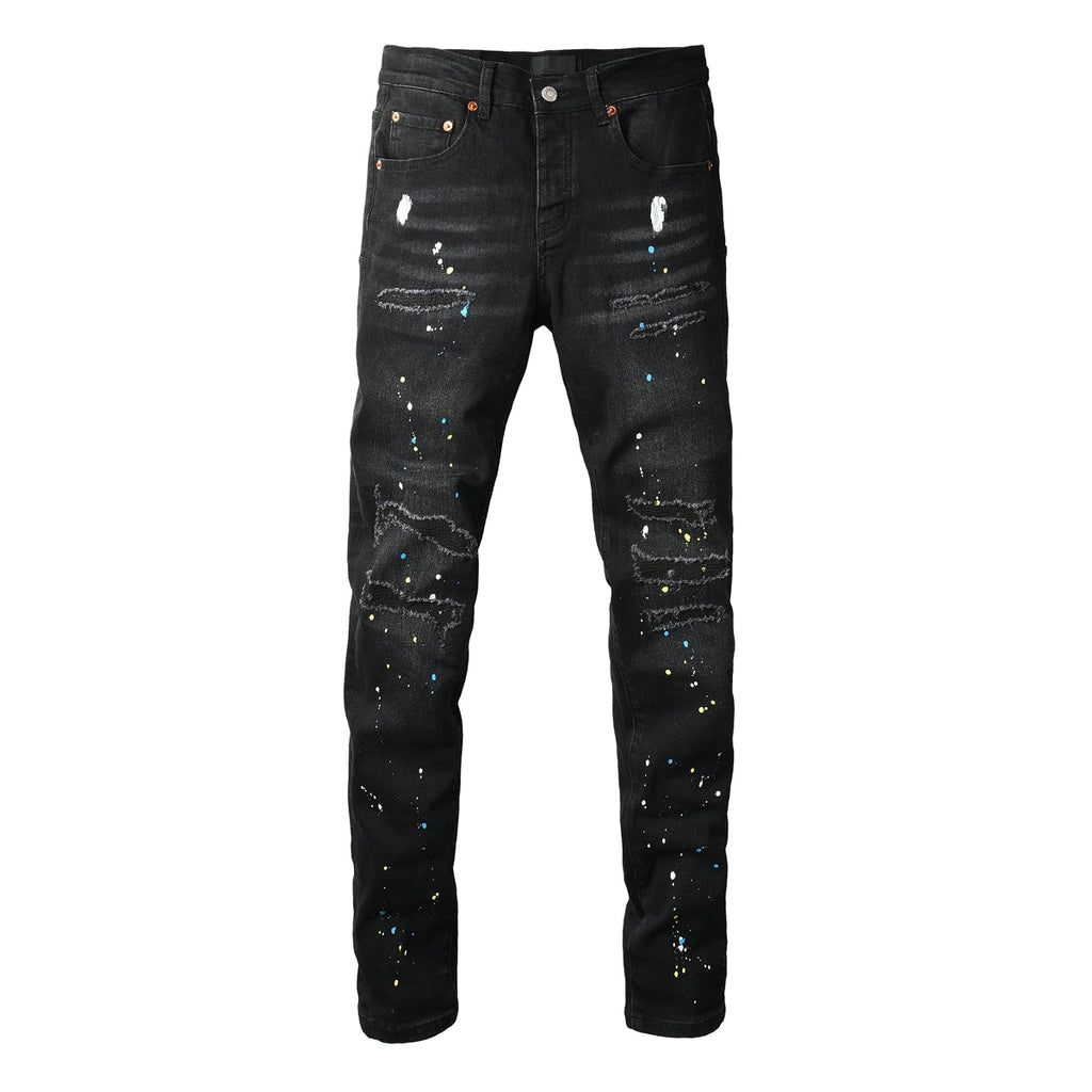 Men Streetwear Skinny Jeans Black Wash with Distressed Details and Multi - Color Paint Splash 9121