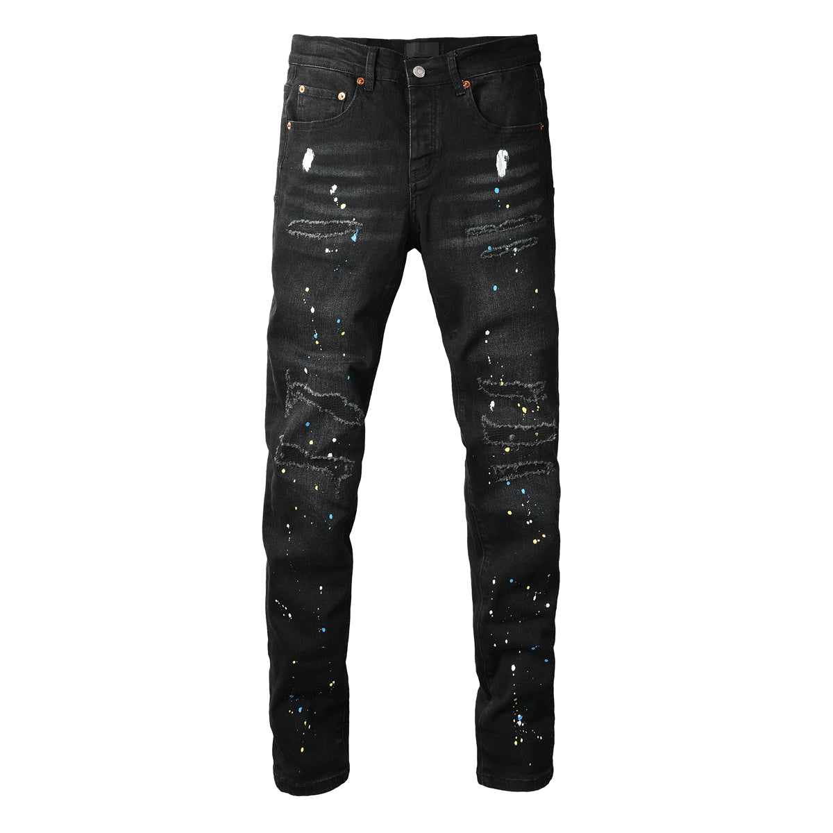 Men Streetwear Skinny Jeans Black Wash with Distressed Details and Multi - Color Paint Splash 9121