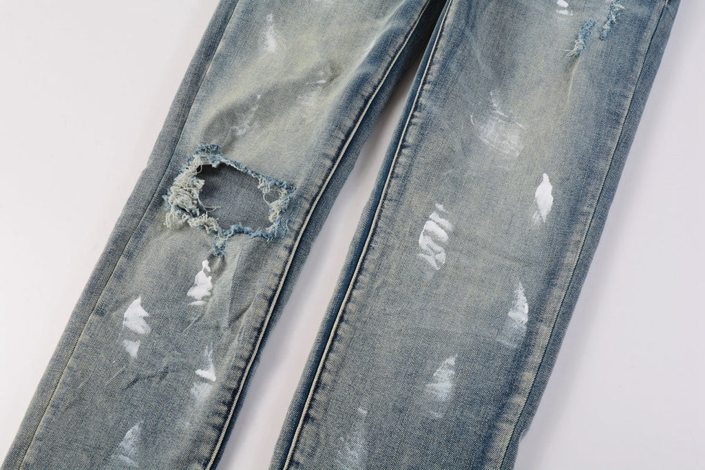 Designer Women Purple High Street Purple Denim Black Long Mid Pants Hole for Men Purple Jeans 9043