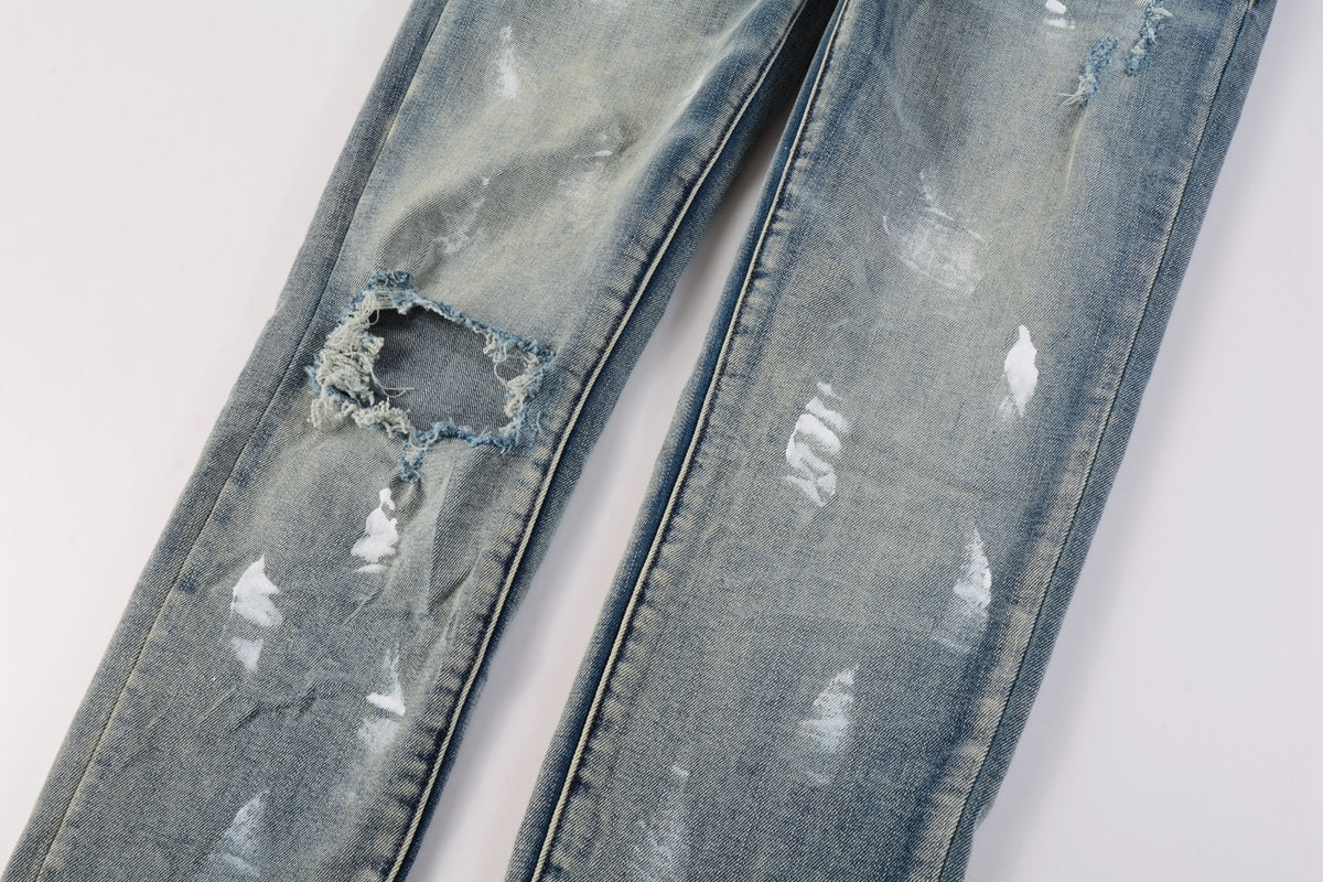 Designer Women Purple High Street Purple Denim Black Long Mid Pants Hole for Men Purple Jeans 9043