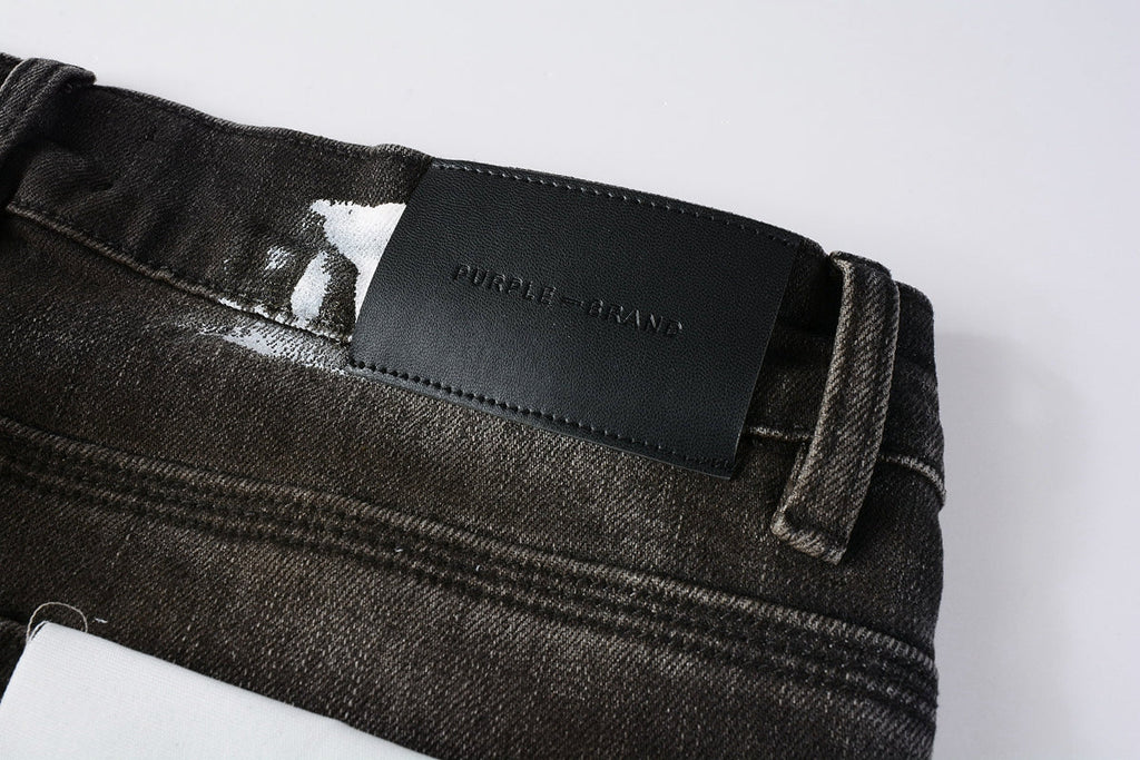 Men Streetwear Skinny Jeans Dark Gray Wash with White Paint Splatter and Distressed Rips 9030