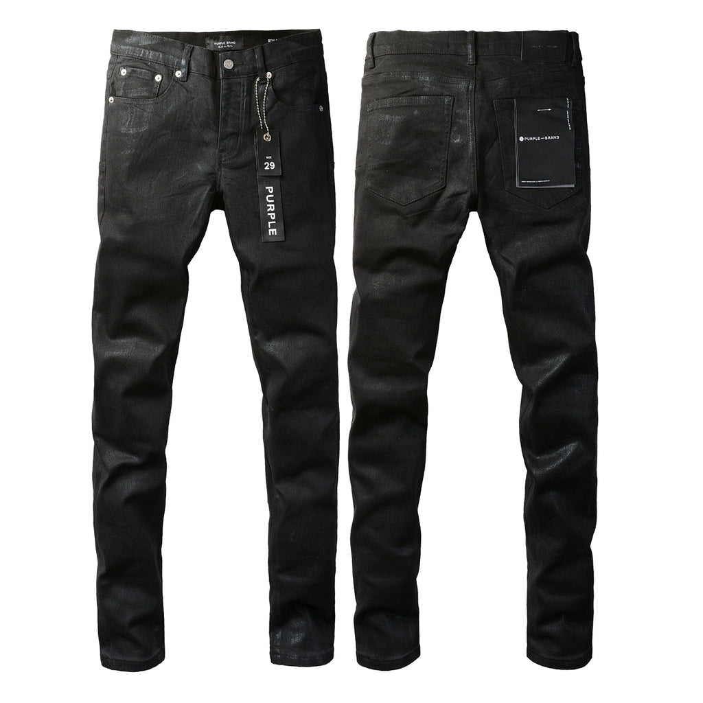 Men Streetwear Skinny Jeans Black Wash with Subtle Sheen and Tag Accent 9082