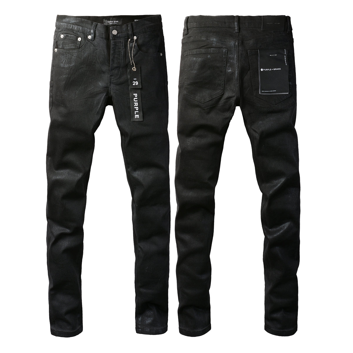 Men Streetwear Skinny Jeans Black Wash with Subtle Sheen and Tag Accent 9082