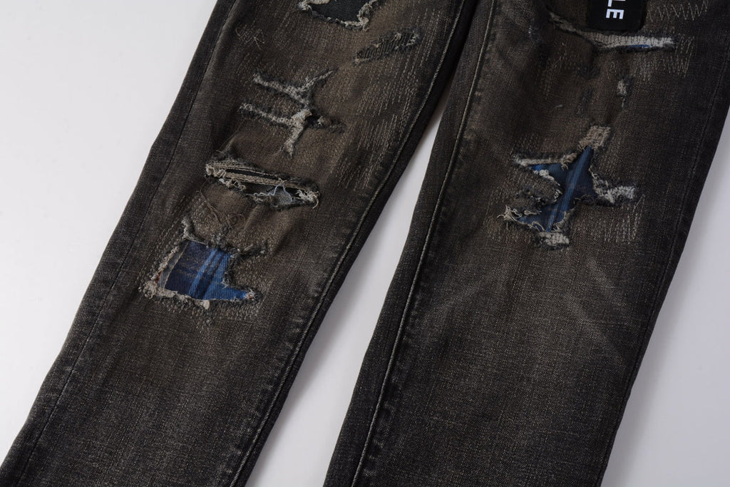 Men Streetwear Skinny Jeans Dark Gray Wash with Multi - Color Patched Distressed Details 9080