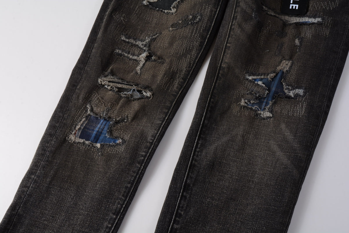 Men Streetwear Skinny Jeans Dark Gray Wash with Multi - Color Patched Distressed Details 9080