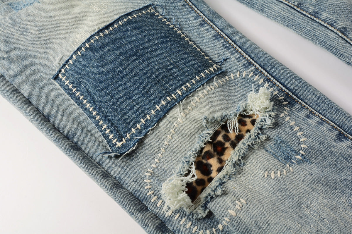 Men Streetwear Jeans Distressed Light Blue Patch Leopard Ripped skinny 9095
