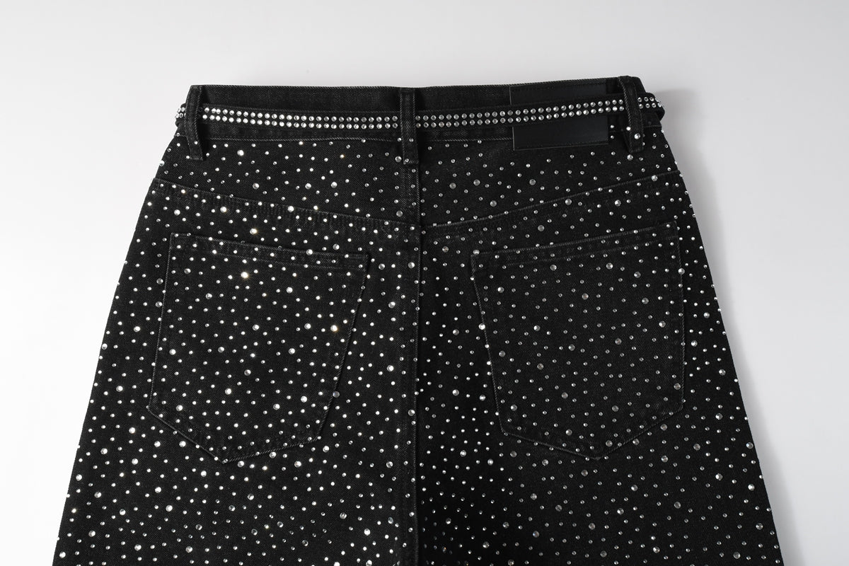 Men Streetwear Black Denim Shorts with Allover Rhinestone Studs and Zipper Details 5095