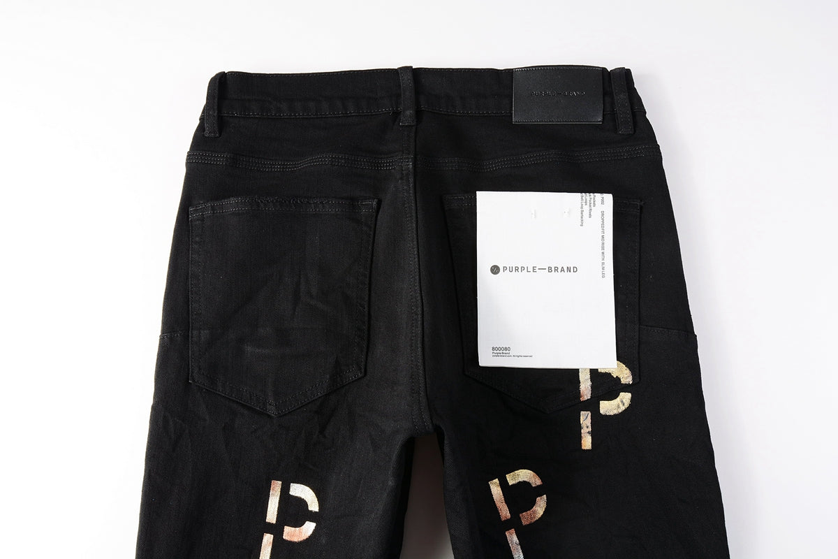 Men Streetwear Skinny Jeans Black Wash with All-Over Metallic Gold "P" Print 9008