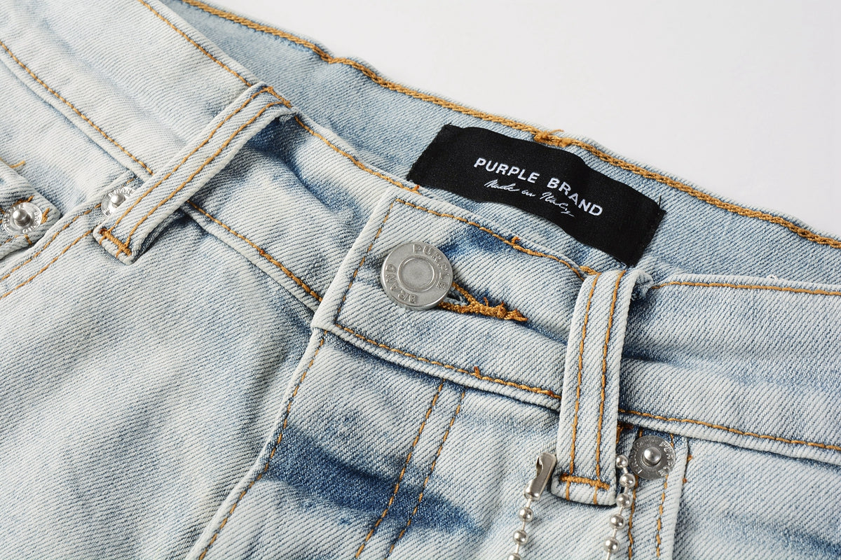 Men Streetwear Denim Shorts Light Blue Wash with Black Paint Streak Print and Raw Hem 5048