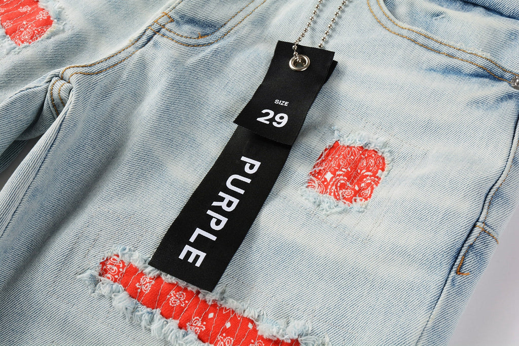 Men Streetwear Denim Shorts Light Blue Wash with Colorful Patched Rips and Raw Hem 5067