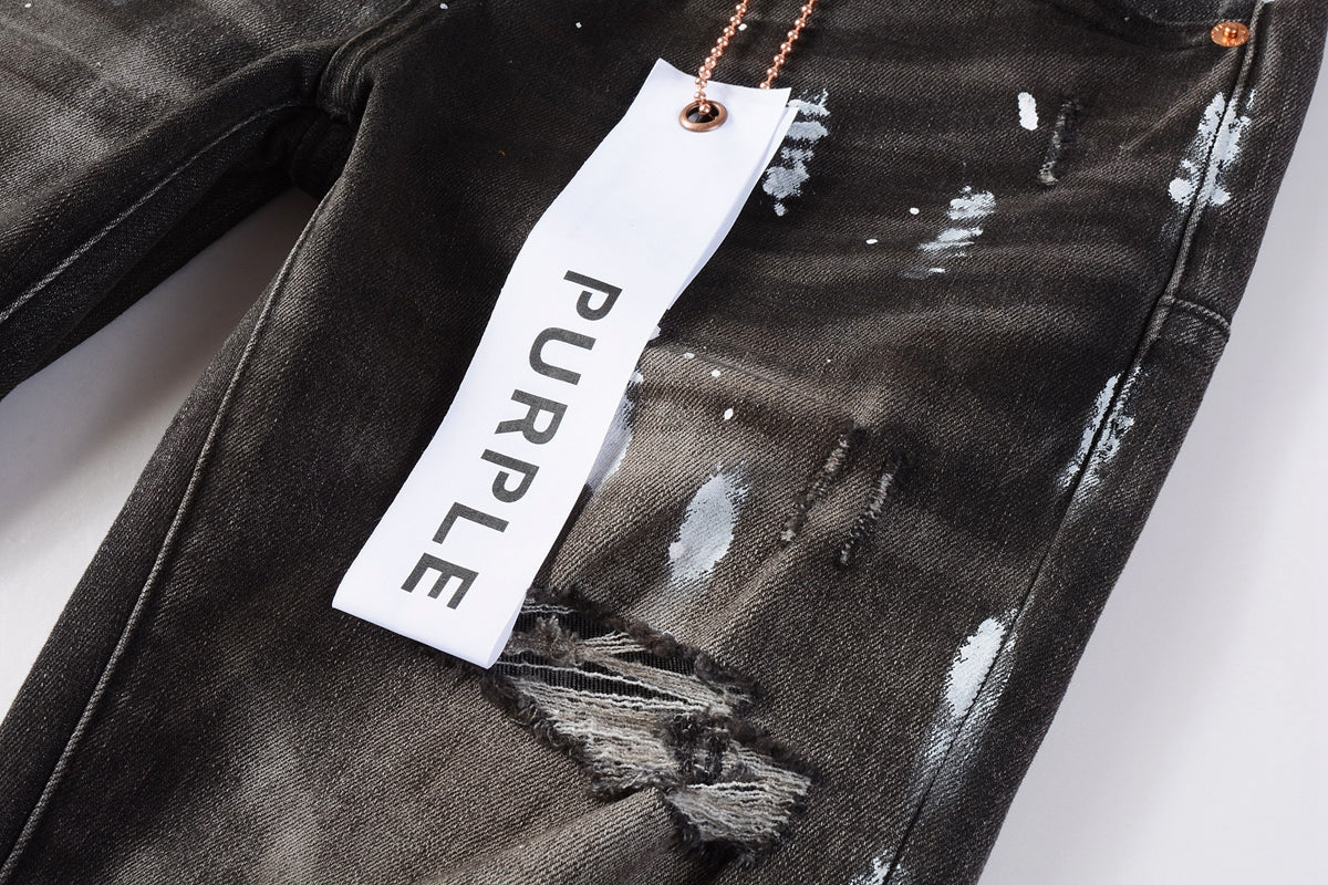 Men Streetwear Skinny Jeans Dark Gray Wash with White Paint Splatter and Distressed Rips 9030