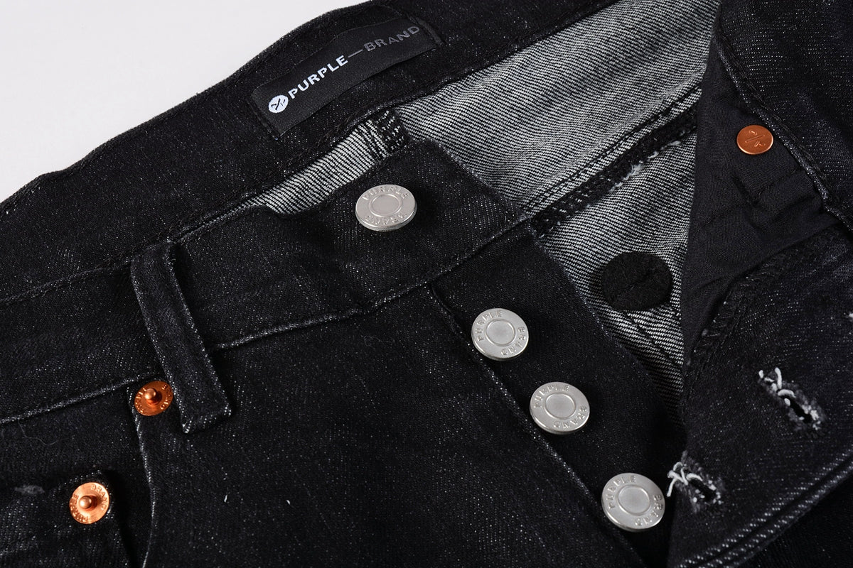 Men Streetwear Skinny Jeans Black Wash with Knee Rips and White Paint Specks 9035