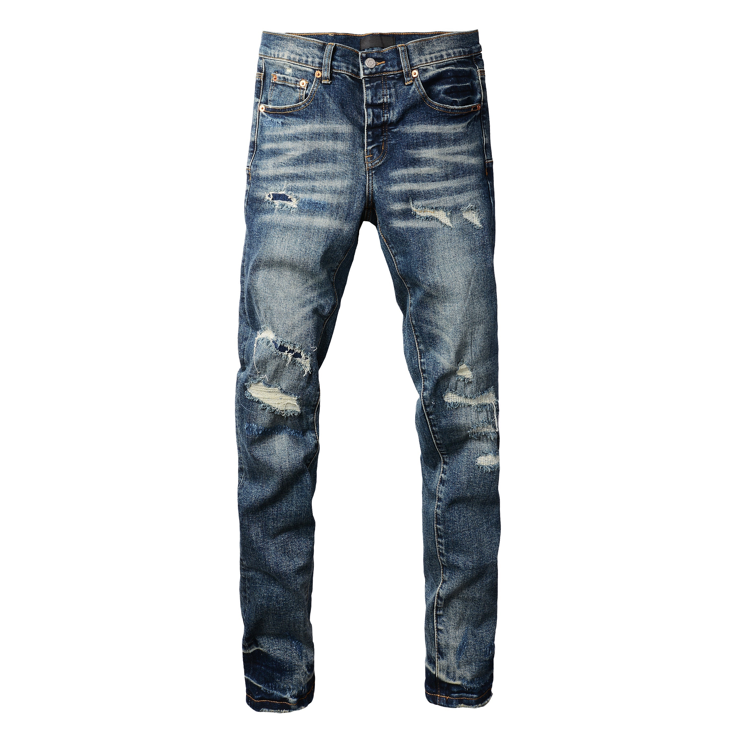 Men Classic Streetwear Jeans Distressed Dark Blue Ripped skinny 9096