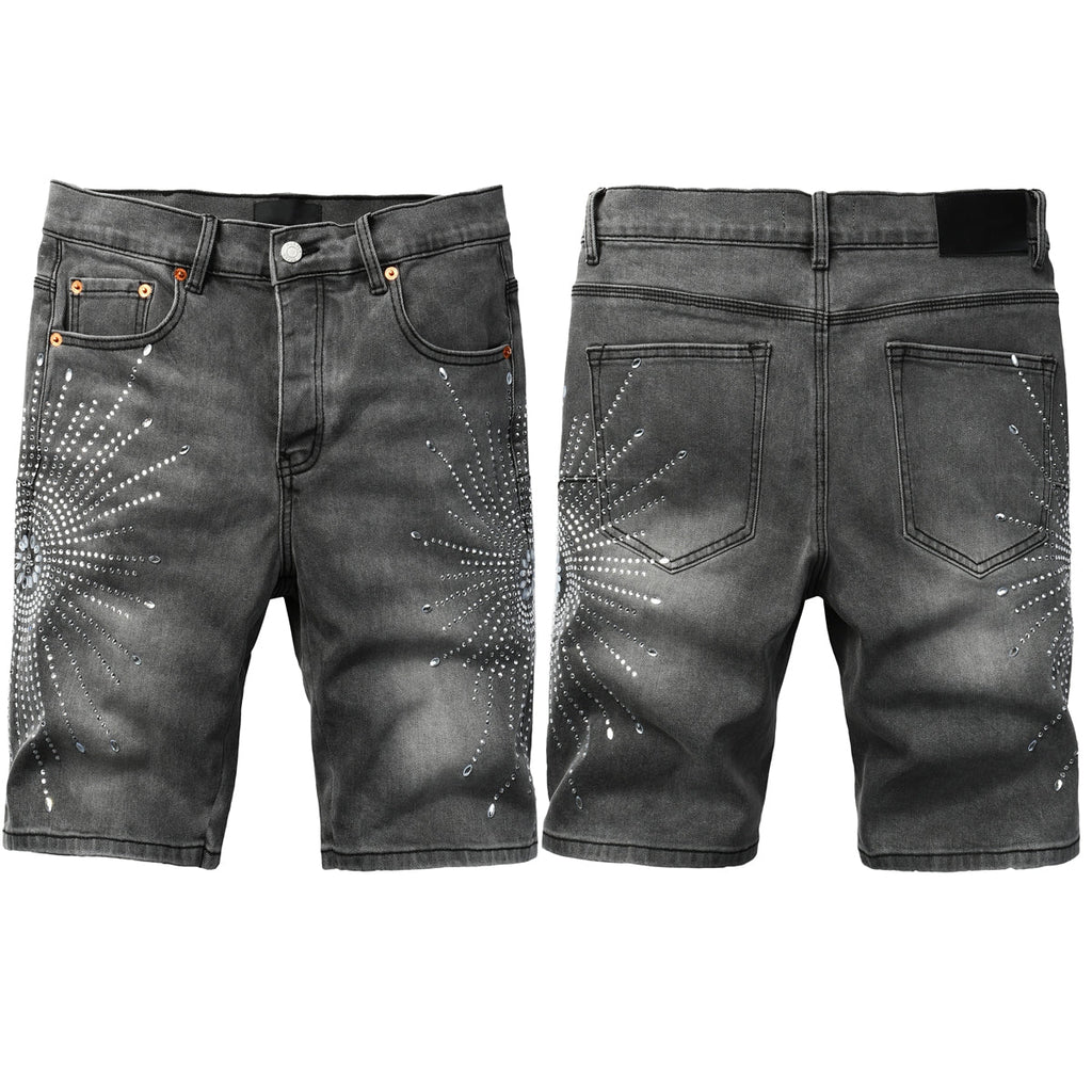 Men Streetwear Grey Denim Shorts with Radial Rhinestone Burst Patterns 5094