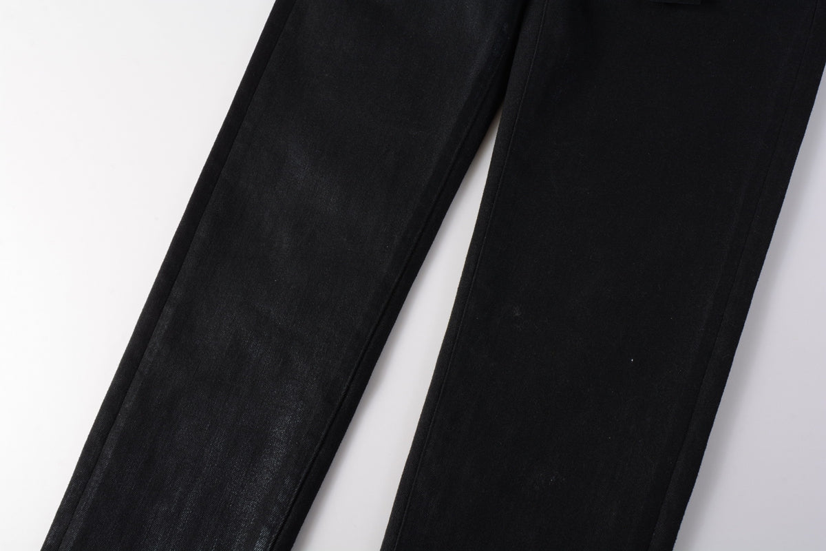 Men Streetwear Skinny Jeans Black Wash with Subtle Sheen and Tag Accent 9082