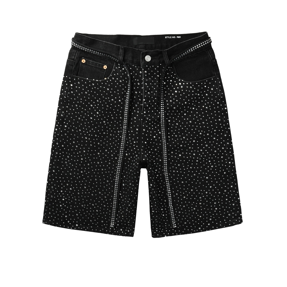 Men Streetwear Black Denim Shorts with Allover Rhinestone Studs and Zipper Details 5095