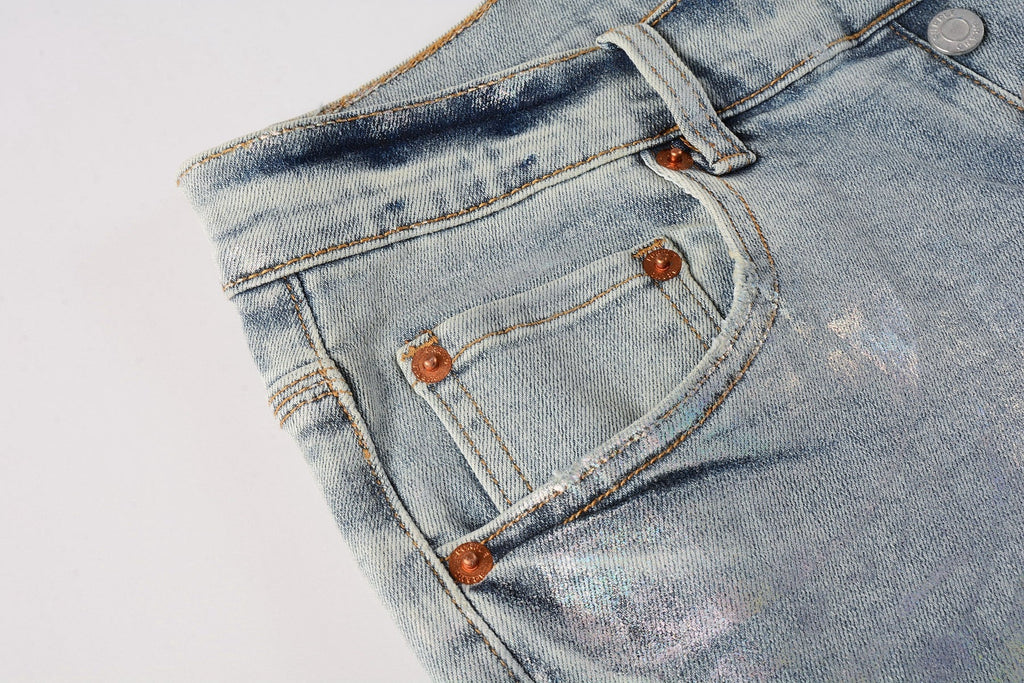 Men Streetwear Skinny Jeans Light Blue Wash with Holographic Iridescent Finish 9005