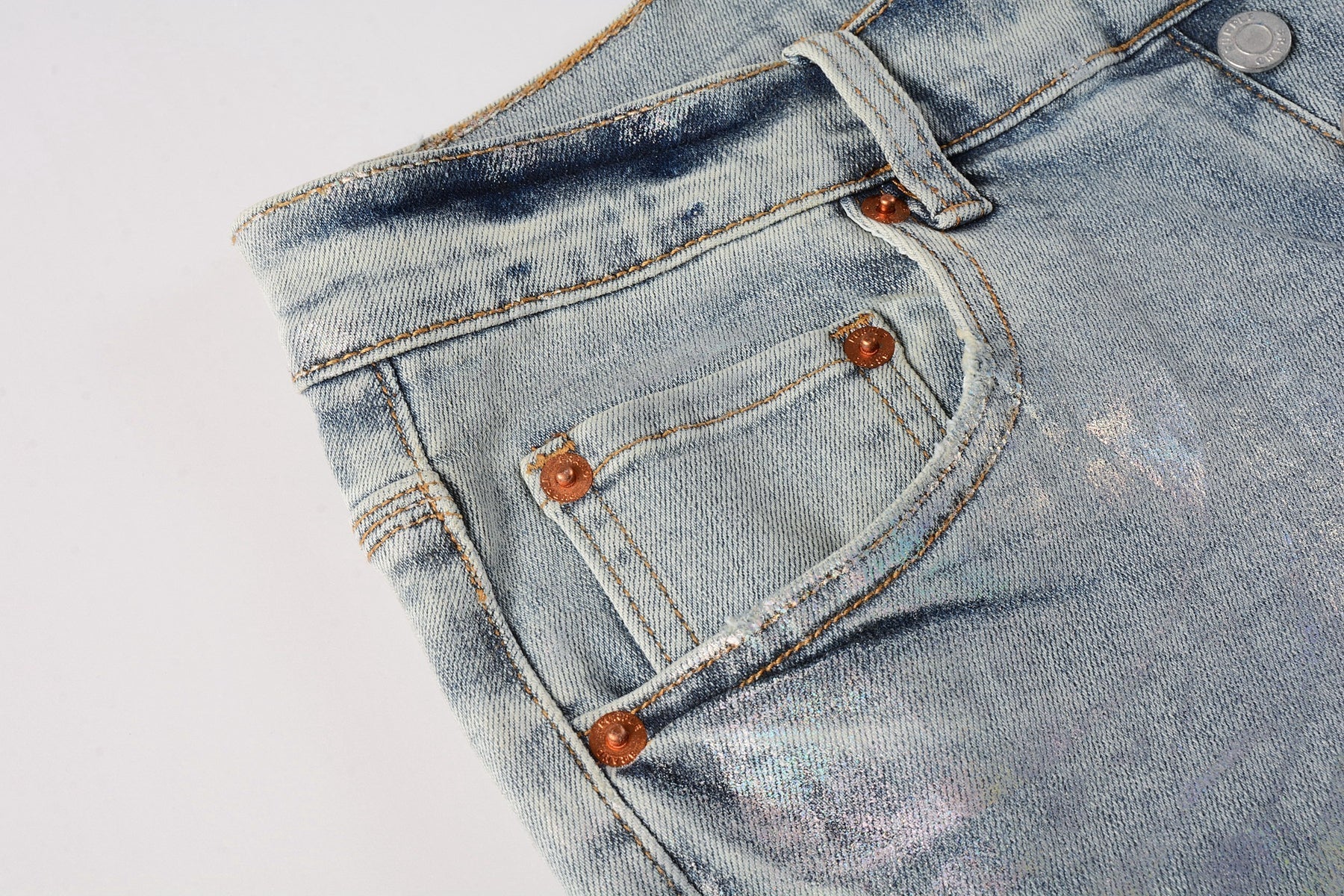 Men Streetwear Skinny Jeans Light Blue Wash with Holographic Iridescent Finish 9005