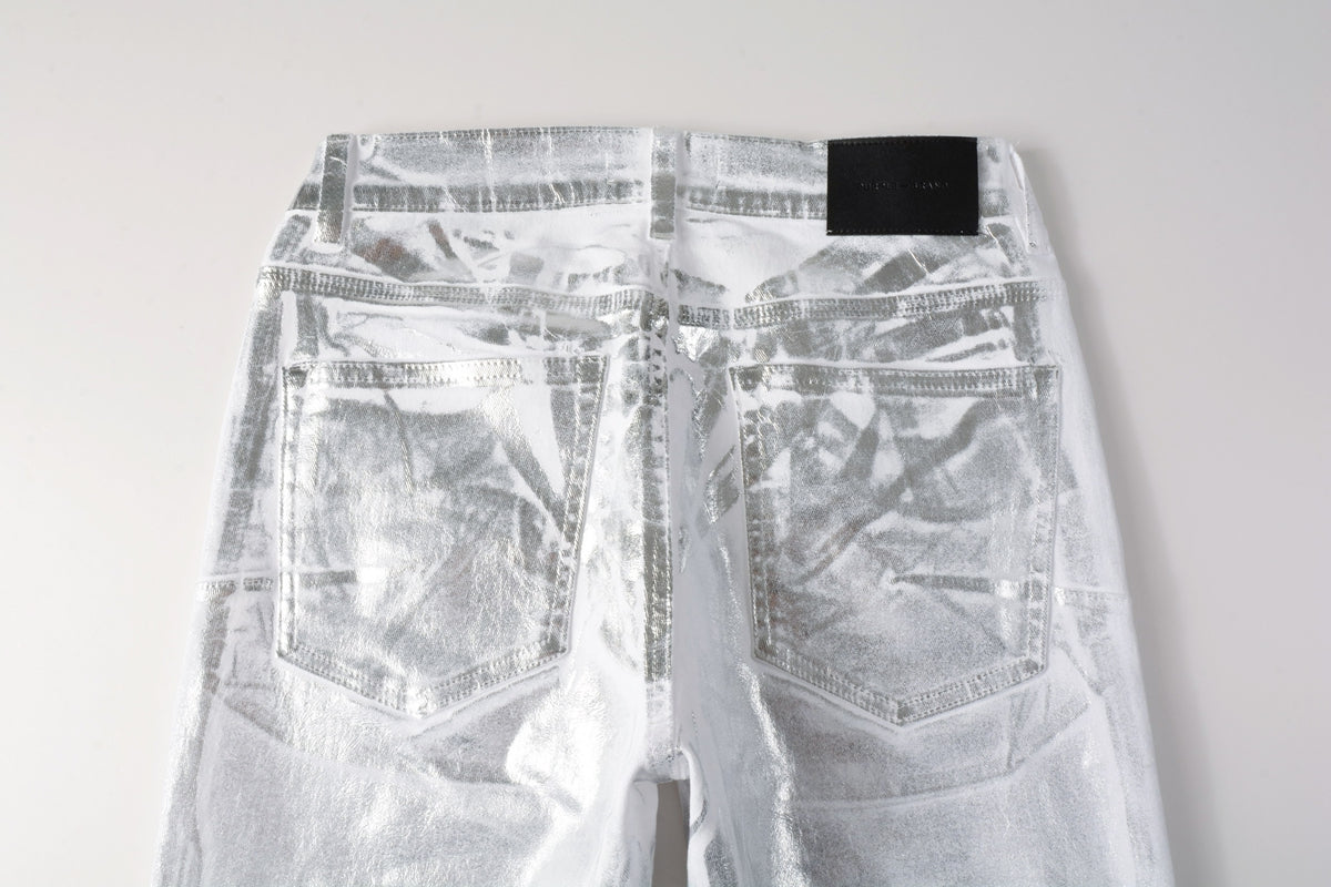 Men Streetwear Jeans Metallic Silver Coated Finish with Futuristic Shine Skinny Fit Statement 9110