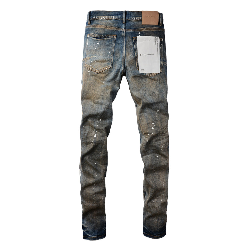 Men Streetwear Skinny Jeans Light Blue Wash with Distressed Rips and White Paint Splatter 9012
