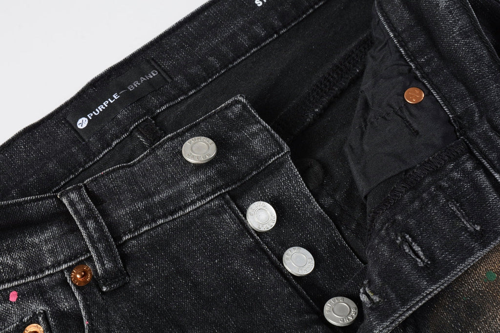 Men’s Black Skinny Jeans with Rust-Toned Wash and Multicolor Paint Splatter Artistic Distressed Street 9109