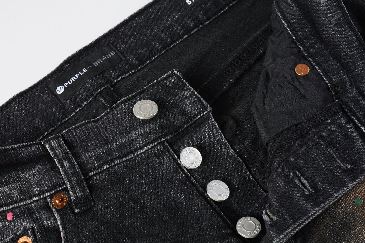 Men’s Black Skinny Jeans with Rust-Toned Wash and Multicolor Paint Splatter Artistic Distressed Street 9109