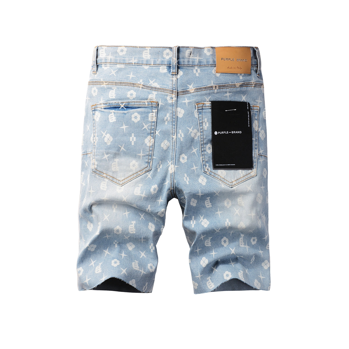 Men Streetwear Denim Shorts Light Blue Wash with White Geometric Print and Raw Hem 5089