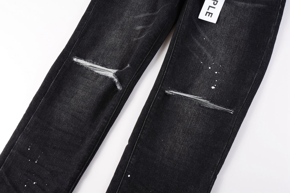 Men Streetwear Skinny Jeans Black Wash with Knee Rips and White Paint Specks 9035