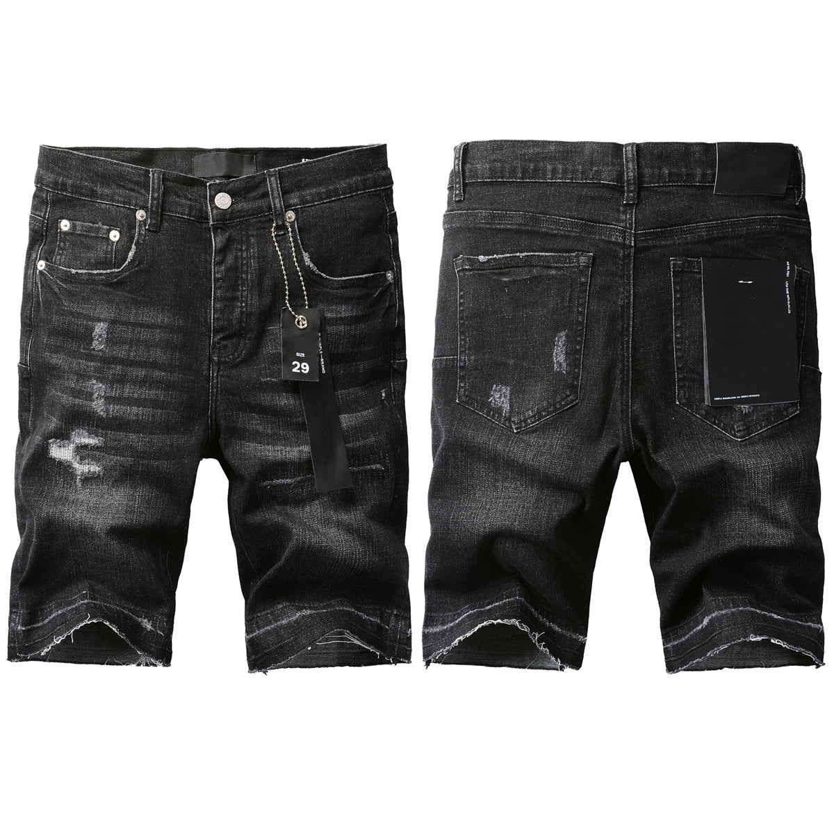 Men Streetwear Denim Shorts Black Wash with Distressed Rips and Raw Hem 5083