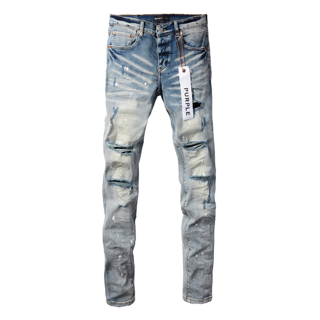 Men Streetwear Skinny Jeans Light Blue Wash with Heavy Distressed Rips and White Paint Splatter 9003