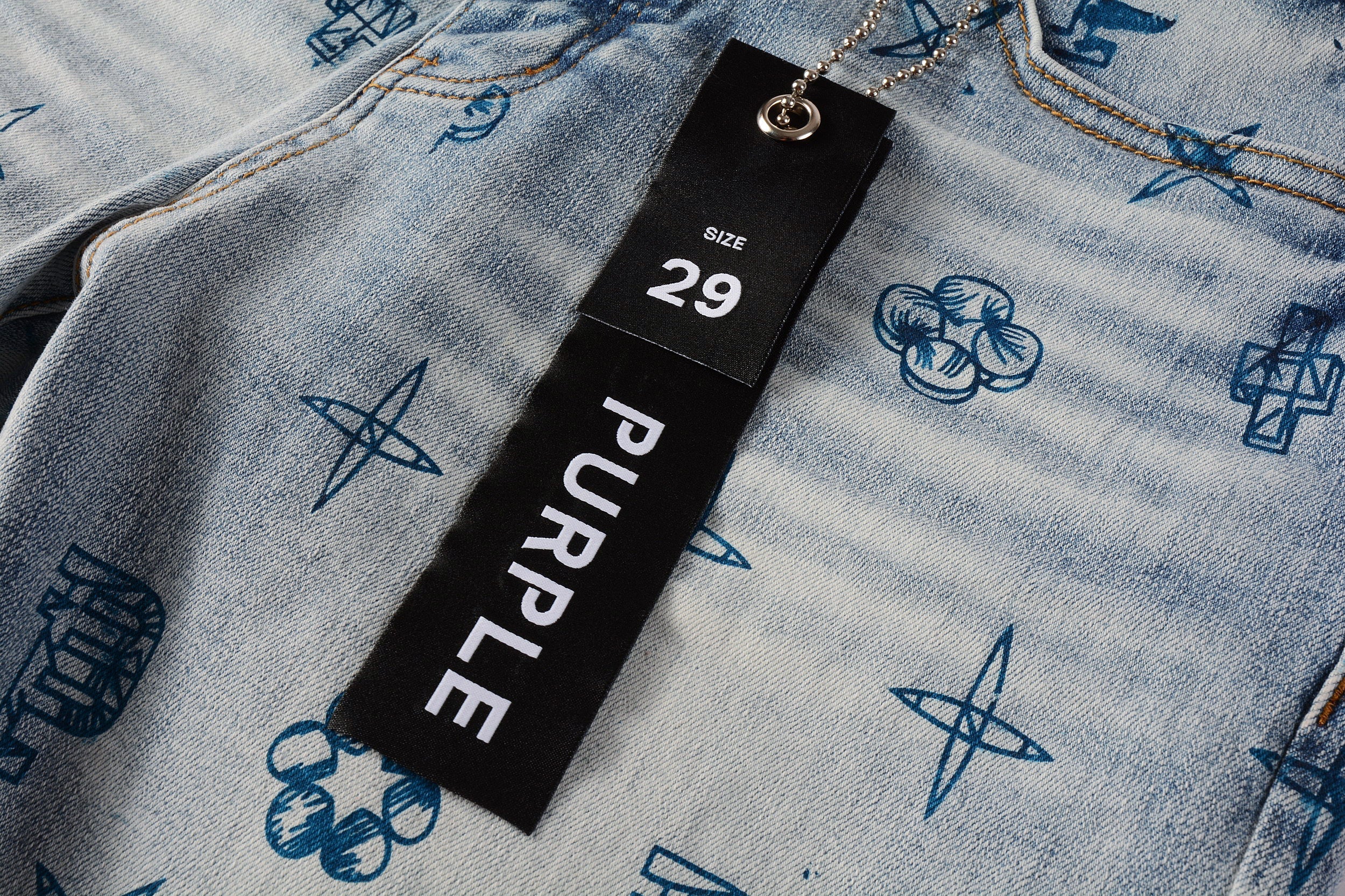 Men Streetwear Denim Shorts Light Blue Wash with Blue Graphic Print and Raw Hem 5063