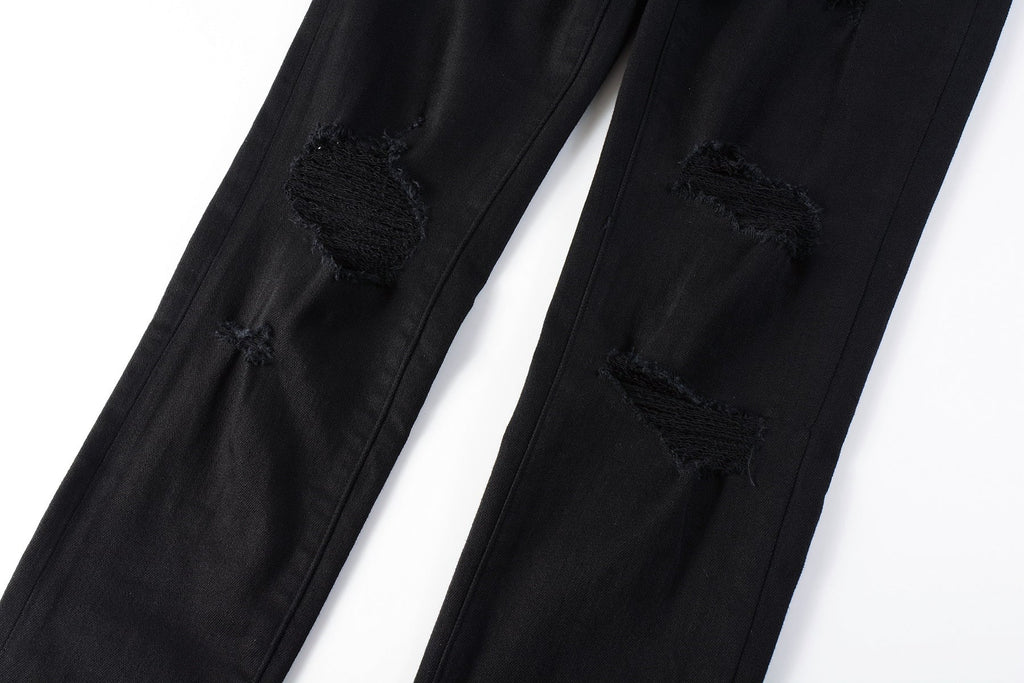 Men Streetwear Skinny Jeans Black Wash with Distressed Rip Details 9022