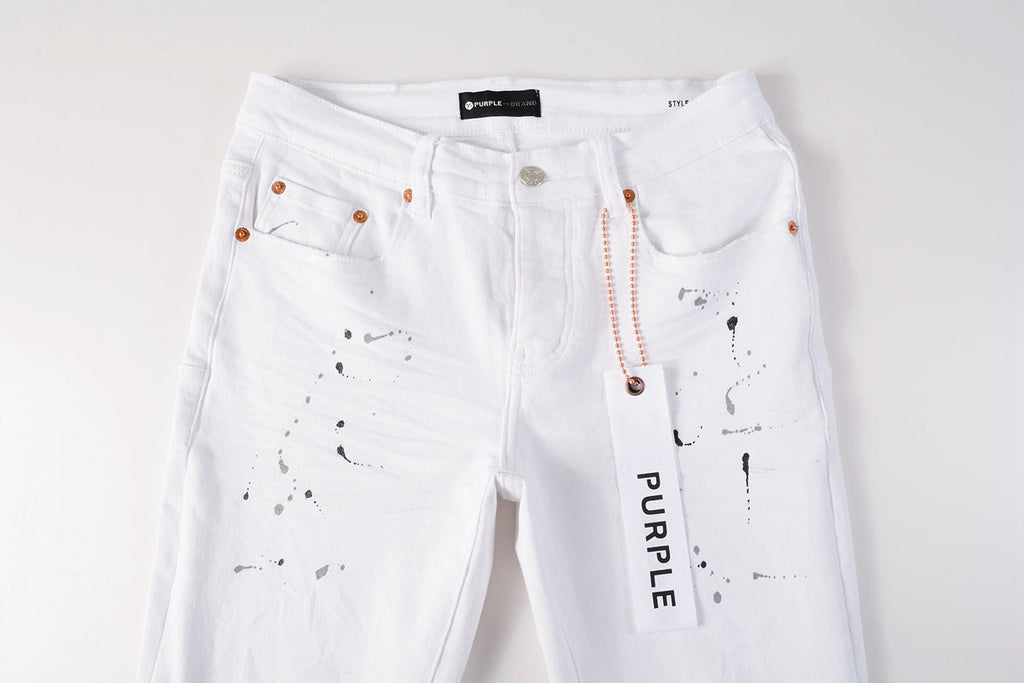 Men Streetwear Skinny Jeans White Wash with Black Paint Splatter and Distressed Rip 9021