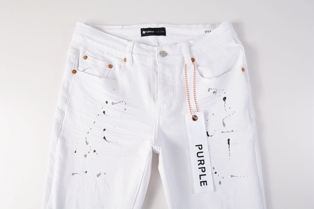 Men Streetwear Skinny Jeans White Wash with Black Paint Splatter and Distressed Rip 9021
