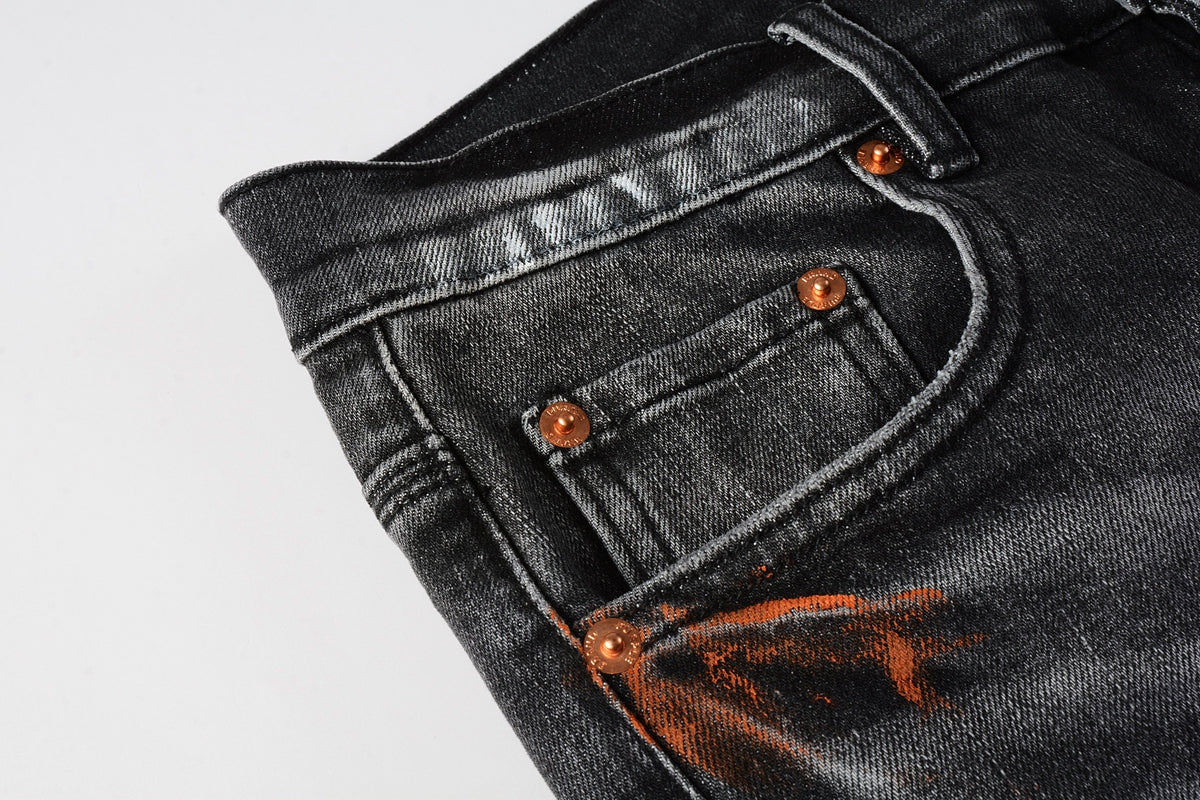Men Streetwear Skinny Jeans Dark Gray Wash with Distressed Rips and Multi-Color Paint Splatter 9018