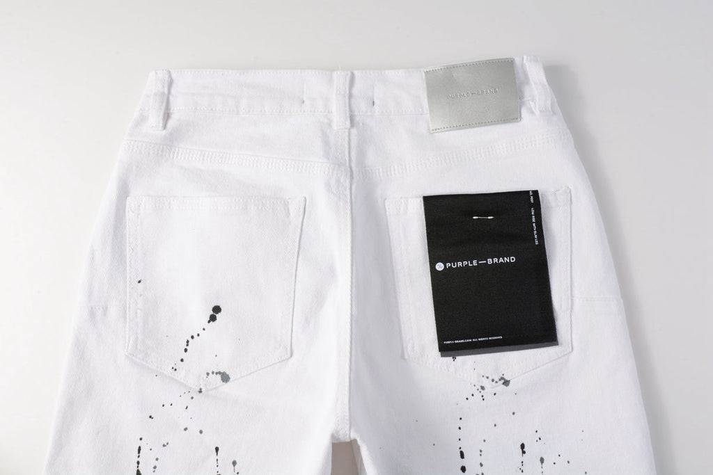 Men Streetwear Denim Shorts White Wash with Black Paint Splatter Print and Raw Hem 5021