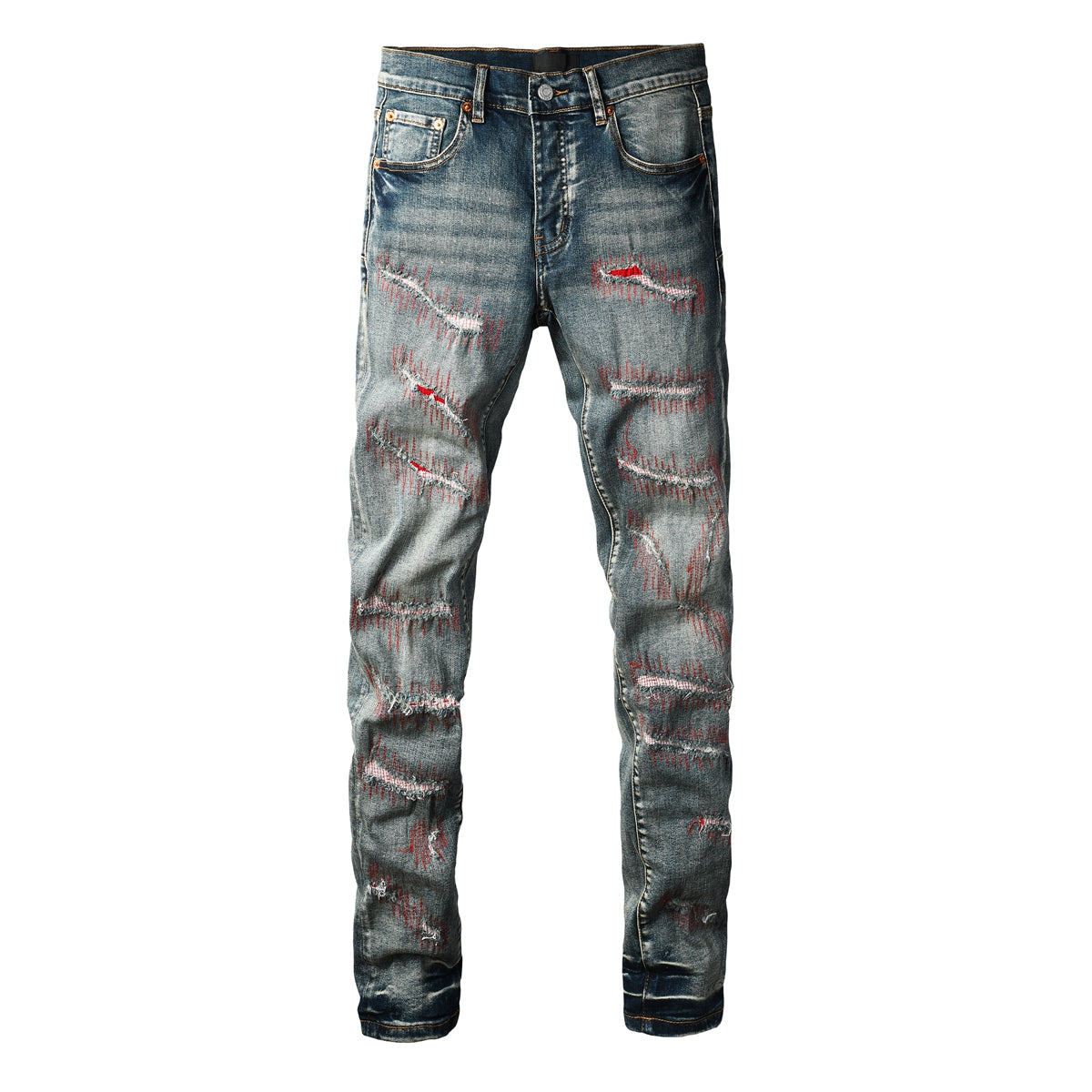 Men Streetwear Skinny Jeans Light Blue Wash with Red - Patched Distressed Details 9114