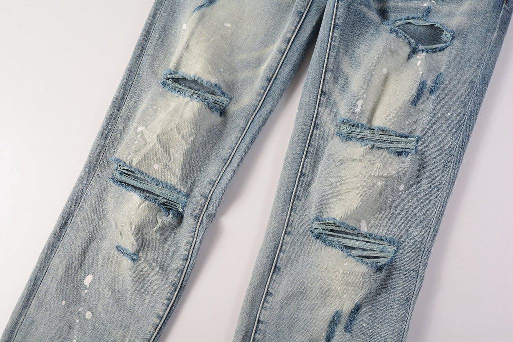 Men Streetwear Skinny Jeans Light Blue Wash with Heavy Distressed Rips and White Paint Splatter 9003