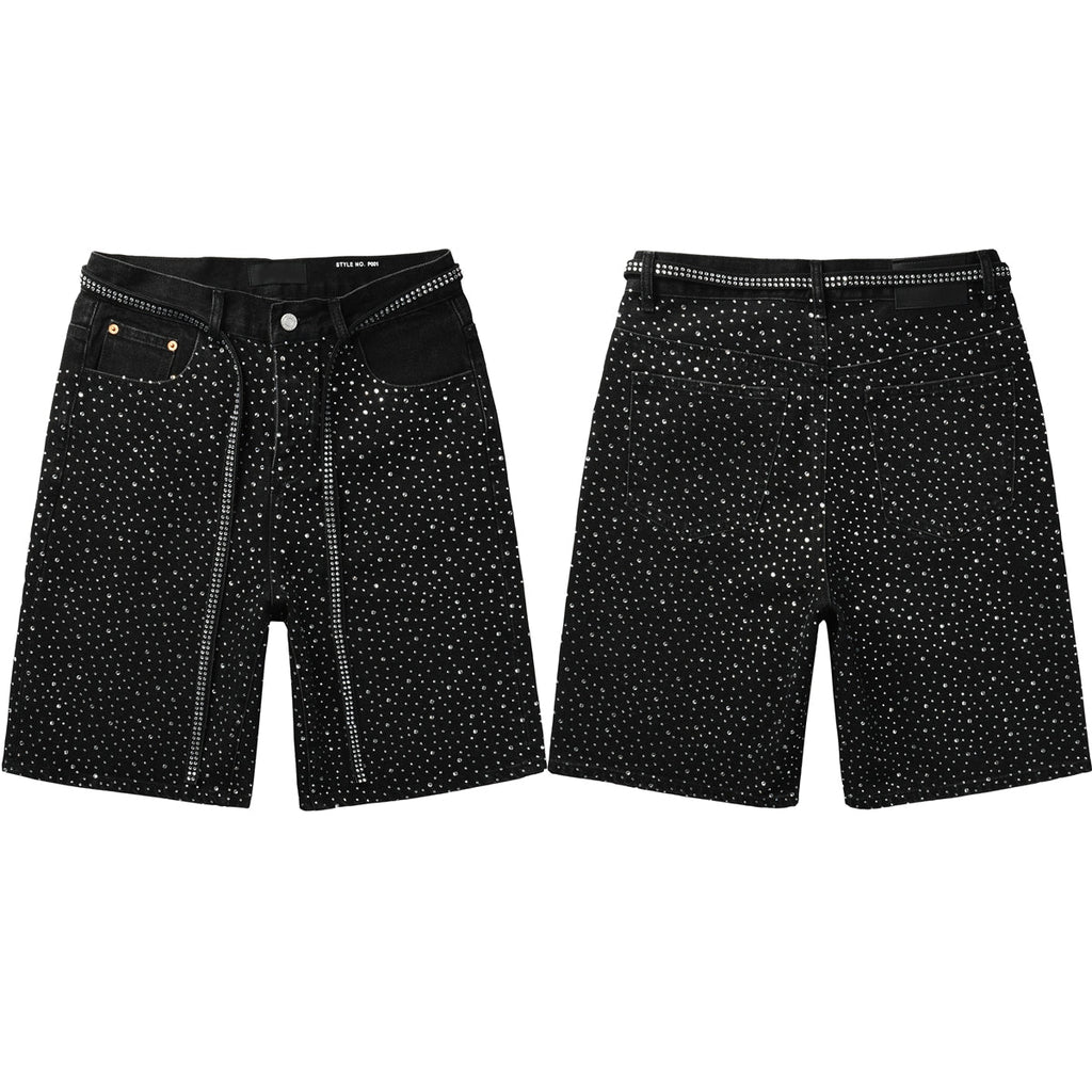 Men Streetwear Black Denim Shorts with Allover Rhinestone Studs and Zipper Details 5095